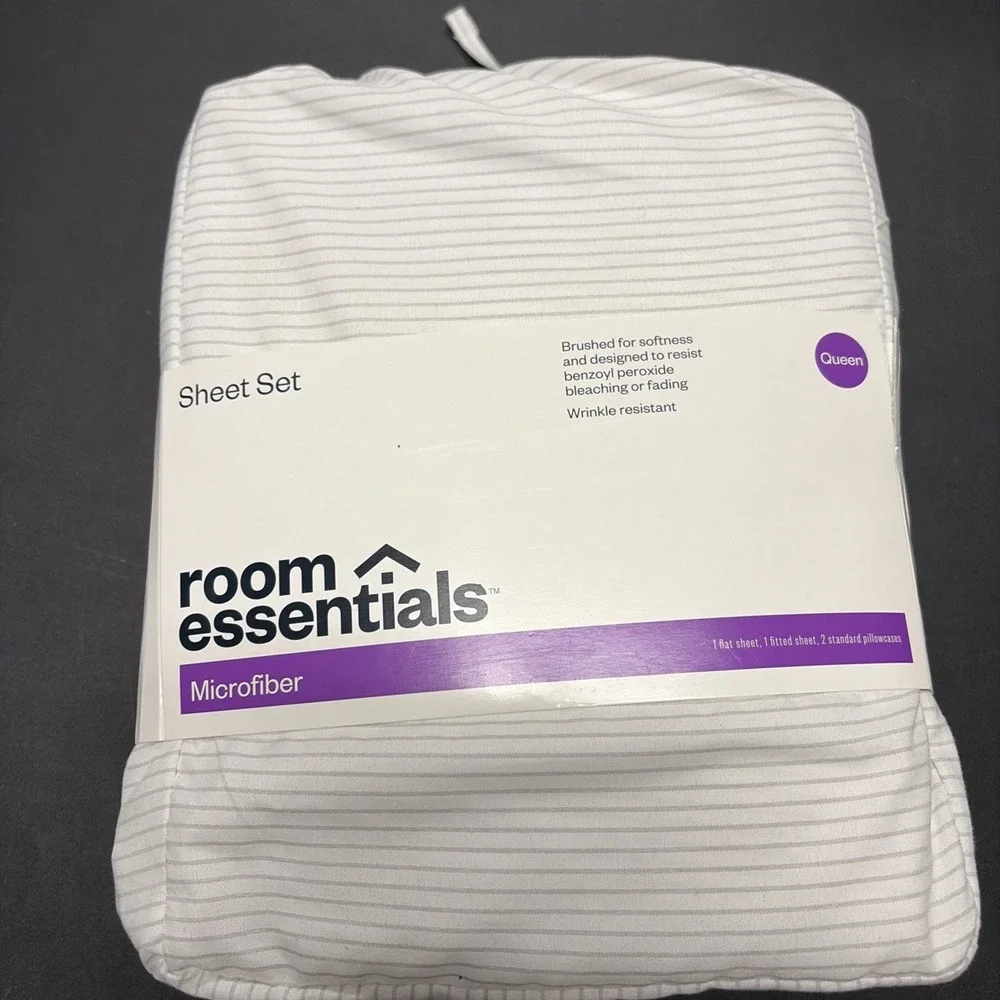 Cotton Microfiber 4 Piece Sheet Set - Room Essentials Gray Strip- Queen 20625